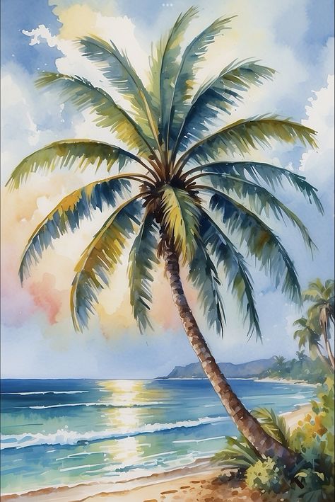 Tropical Watercolour Painting, Coconut Tree Painting, Palm Tree Painting, Banana Painting, Beach Scene Painting, Beach Art Painting, Palm Tree Wall Art, Learn Watercolor Painting, Tropical Painting