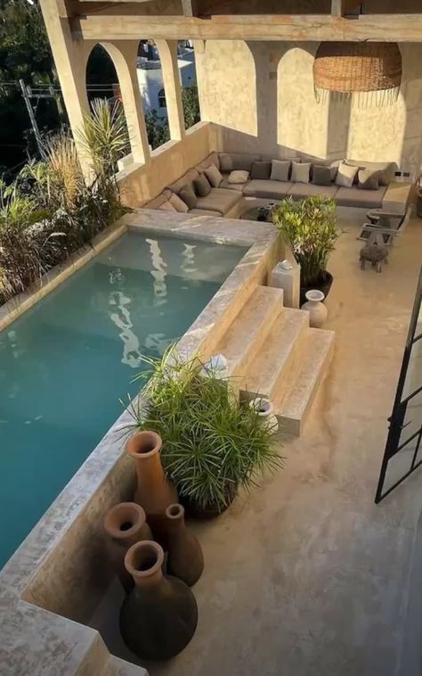 Moroccan Pool Area, Pool Mediterranean, Raised Pool Ideas, Brick Pool, Swimming Pool Mediterranean, Riad Pool, Moroccan Swimming Pool, Moroccan Indoor Pool, Barn Pool