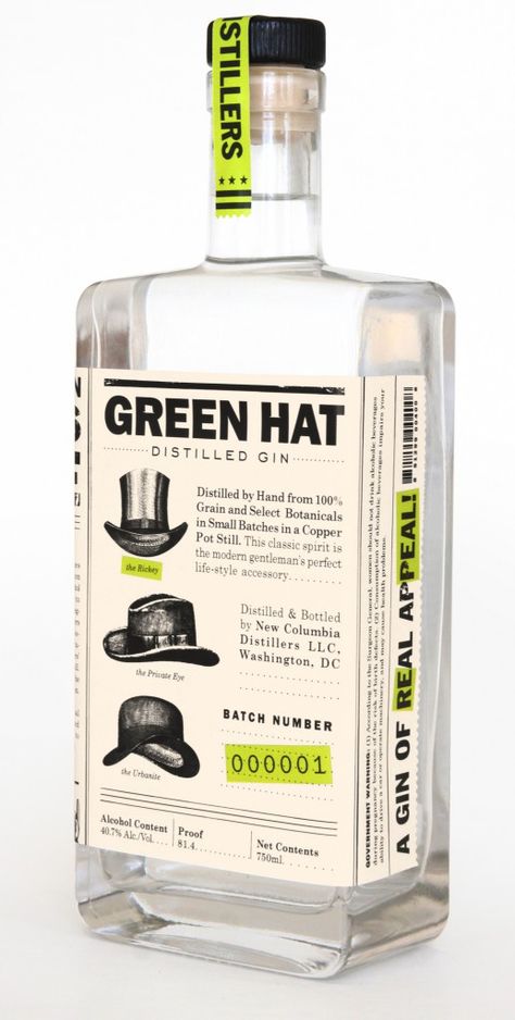 At long last, Green Hat Gin is here (2012). New Columbia Distillers, D.C.'s first legal distillery in more than a century. Alcohol Packaging, Bottle Label Design, Cool Packaging, Gin Bottles, Alcohol Bottles, Beer Packaging, Green Hat, Graphic Design Packaging, Divine Design