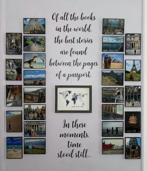 Travel Photo Wall Ideas Hallway, Traveling Pictures Ideas Display, Display Travel Photos Wall Art, Travel Shelf Display, Displaying Travel Photos On Wall, Travel Photo Wall Ideas Living Room, Travel Picture Wall Ideas Photo Displays, Gallery Wall Ideas Travel Photos, Vacation Wall Display