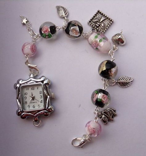 Charm Bracelet Stack, Beaded Watches Bracelet, Diy Watch, Charm Bracelet Watch, Ladies Bracelet Watch, Beaded Watches, Homemade Bracelets, Angel Charm, Ladies Bracelet