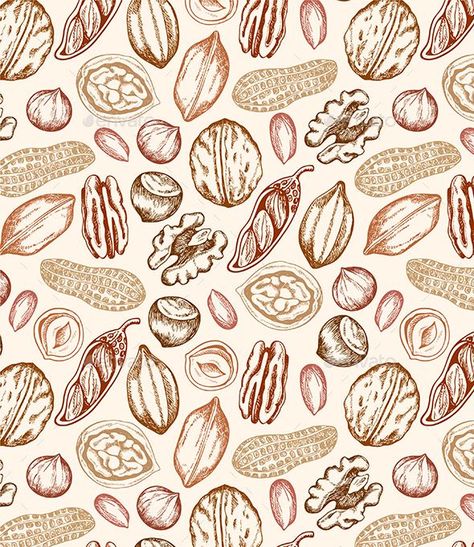 Pattern with Hazelnut, Walnut and Peanut. Nuts Label Design, Pecan Illustration, Nuts Drawing, Walnut Illustration, Nuts Illustration, Nuts Logo, Thyme Garden, Animal Illustration Kids, Apple Illustration