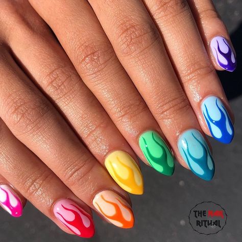 Rainbow Fire Nails, Pride Nails Designs Almond, Rainbow Flame Nails, Nail Designs Pride, Pride Gel Nails, Pride Nails Designs Acrylic, Pride Acrylic Nails, Nail Art Pride, Pride Manicure