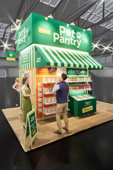 A custom themed exhibition stand for Natures Menu at the GLEE exhibition brought their 'Pet Pantry' concept to life, a theme aimed at ambitious garden centres. Food Booth Design, Mall Activation, Stall Design Ideas, Food Stand Design, Food Exhibition, Pen Packaging, Food Booth, Pet Event, Potato Man