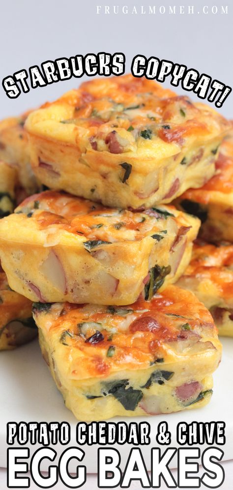 Potato, Cheddar & Chive Bakes Potato Egg Bake, Bakes Recipe, Potato And Egg Breakfast, Egg Bites Recipe, Recipe For Breakfast, Freezer Breakfast, Recipes Appetizers And Snacks, Starbucks Recipes, Breakfast On The Go