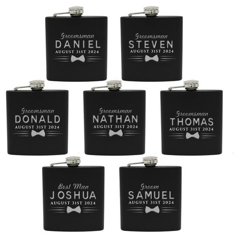 PRICES MAY VARY. Engraving - Customize with names, wedding roles and a date. And the price per flask automatically discounts the more you buy. Buy the flask only or choose the gift box option and it will come with a funnel, 4 shot glasses and a presentation box. Size - Holds 6oz of your favorite spirit and comes beautifully engraved in silver on your black matte flask Great gift - Perfect for the bachelor party or wedding day for the entire party. The groom, groomsmen, ushers, best man can all h 2nd Wedding Dresses, Uniform Style, Wedding Roles, Groom Groomsmen, The Bachelor, Groomsmen Gifts, Buy Buy, Bachelor Party, Shot Glasses