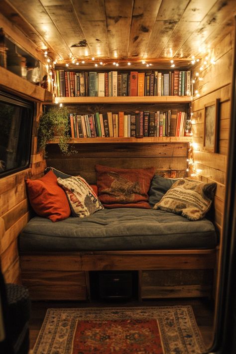 67 Eco Van Reading Nook Tips - TastyInteriors Camper Library, Van Library, Denim Cushions, Vanlife Interiors, Rv Interior Remodel, Porch Design Ideas, Cottagecore Living, Forest Retreat, Airstream Interior