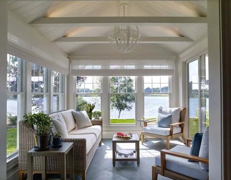 16 Picture-Perfect Coastal Sunroom Designs You Will Adore 4 Season Sunroom Ideas Room Additions, Enclosed Sunroom Ideas, Porch Renovation Ideas, All Season Sunroom, Sunroom Family Room, Coastal Sunroom, 4 Season Sunroom Ideas, White Sunroom, All Season Porch