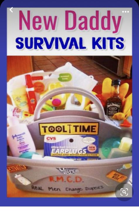 New Daddy Survival Kit, Toolbox Ideas, Cheap Baby Shower Gifts, Mom Survival Kit, Cheap Baby Shower, Thoughtful Baby Shower Gifts, Diy Baby Shower Gifts, Kit Ideas, Diy Gifts For Him