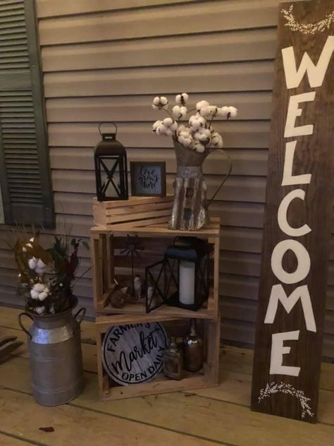 Crates On Front Porch, Wooden Crate Porch Decor, Crate Front Porch Decor, Farmhouse Crate Decor, Wood Crate Front Porch Decor, Front Porch Decor With Crates, Front Porch Crate Ideas, Wood Crate Porch Decor, Porch Crate Decor