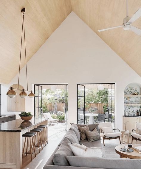 21 Stunning Vaulted Ceiling Lighting Ideas 14 Ceiling Lighting Ideas, Cathedral Ceiling Living Room, Vaulted Ceiling Ideas, Kitchen With High Ceilings, Vaulted Ceiling Lighting, Vaulted Ceiling Kitchen, High Ceiling Lighting, Vaulted Ceiling Living Room, High Ceiling Living Room