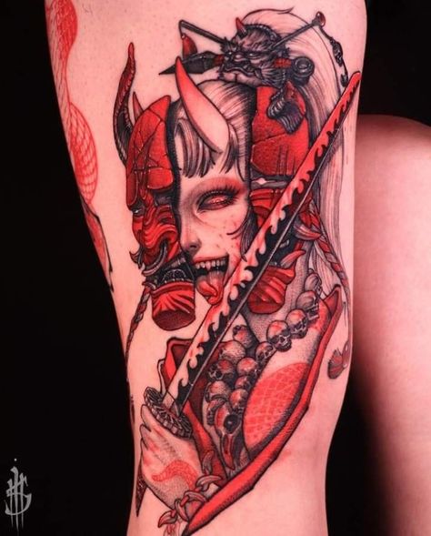 Tato Irezumi, Tato Geisha, Feather Tattoo Arm, Oni Mask Tattoo, Geisha Tattoo Design, Oni Tattoo, Cyberpunk Tattoo, Cuff Tattoo, Yakuza Tattoo