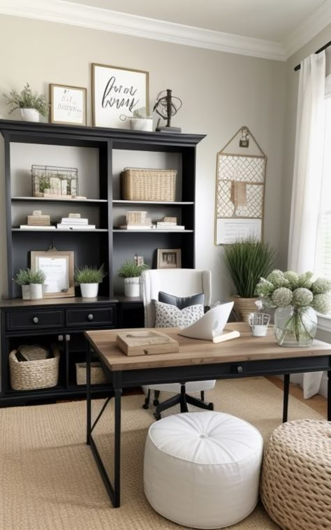 Home Office Design Ideas For Women, Women’s Home Office Inspiration, Hobby Lobby Office Decor Ideas, Front Room Office And Sitting Area, Work From Home Background, Cozy Office Space At Home, Office Decor Girly, Female Office Ideas, Small Office Area