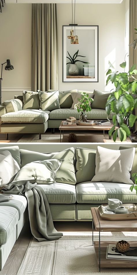 Sage Green Living Room Ideas, Green Settee, Green Living Room Ideas, Living Room Stairs, Sage Green Living Room, Apartment Necessities, Lounge Room Styling, Green Living Room, Lobby Interior Design