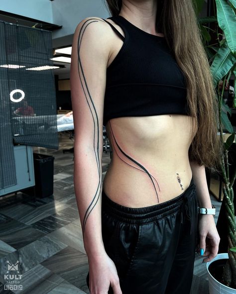 Full Body Tattoo Lines, Line Tattoo From Neck To Arm, Graphic Line Tattoo, Line Work Arm Tattoo, Full Body Line Tattoo, Line Abstract Tattoo, Arm Line Tattoo, Line Arm Tattoo, Thick Line Tattoos