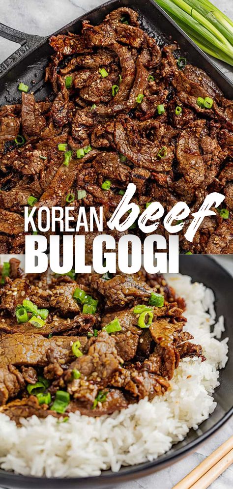 A collage image of korean beef bulgogi. Marinade For Flank Steak, Korean Food At Home, Korean Beef Bulgogi, Simple Marinade, Best Korean Food, Bulgogi Recipe, Beef Steak Recipes, Bulgogi Beef, Korean Beef