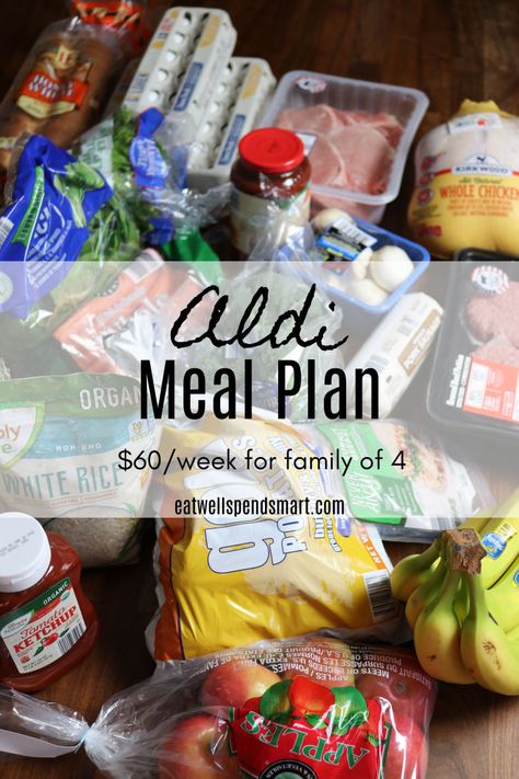 Aldi meal plan for $60/week by shopping at Aldi. What one family ate for a week, including breakfast, lunch, dinner, and snacks for a family of four (one with allergies). Shopping At Aldi, Cheap Meal Plans, Frugal Meal Planning, Aldi Meal Plan, Aldi Shopping, Aldi Recipes, Paleo Meal Plan, Budget Meal Planning, A Family Of Four