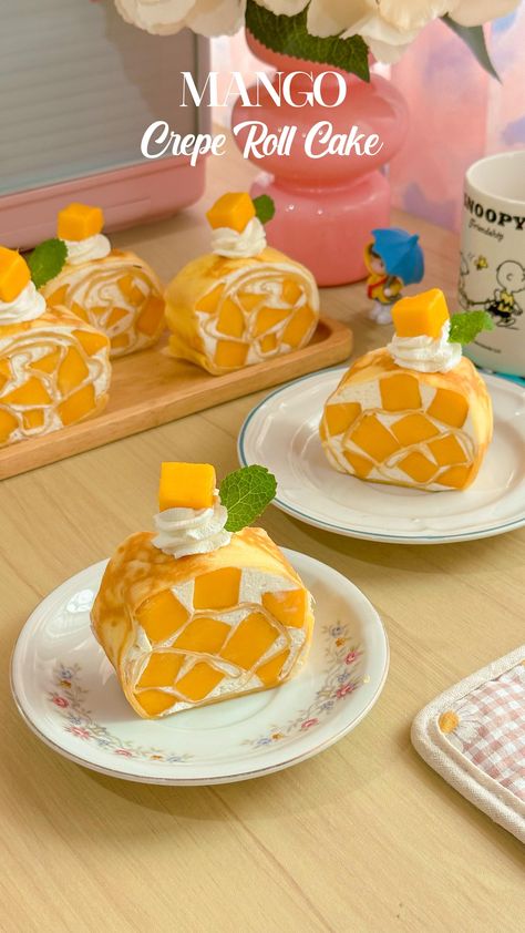 Joyシ (@pinklemonade.sunday) • Instagram photos and videos Mango Crepe Roll, Crepe Roll Cake, Mango Crepe, Nobake Dessert, Dessert Aesthetic, Towel Cake, Japanese Cake, Japanese Crepes, Social Design