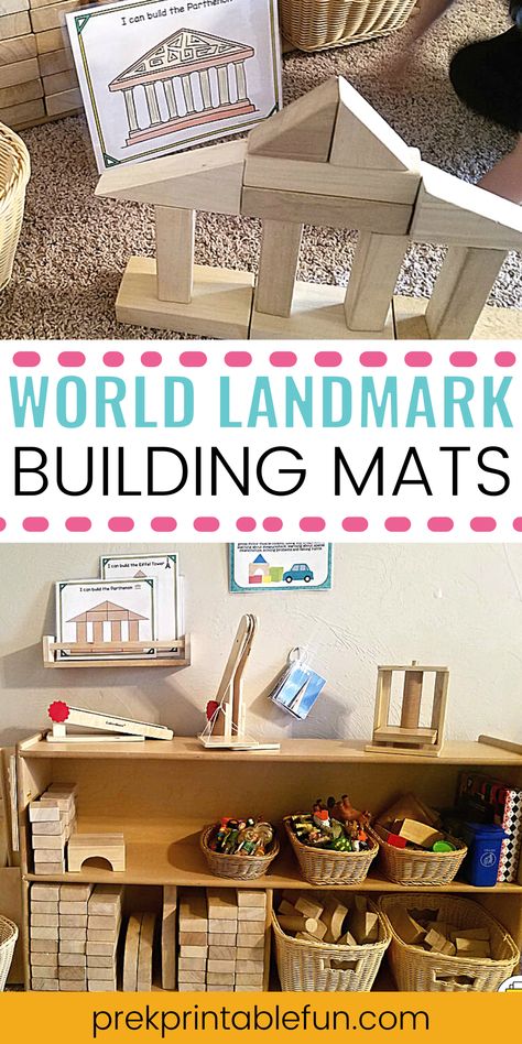 This Landmarks Around the World encourages children to create new and interesting structures; promoting problem-solving and an interest in the world they live in. The block center provides many learning opportunities for preschoolers. In this center they are learning essential math skills, using their imagination, scientific reasoning, teamwork, motor skill development and more Building Blocks Center Preschool, Engineer Preschool Activities, Preschool Woodworking Center, Block Provocation Ideas, Blueprints For Preschoolers, Block Centers Preschool, Block Center Kindergarten, Preschool Block Center Ideas For Fall, Landmark Activities Preschool