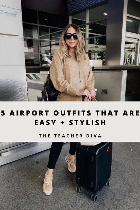 5 Airport Outfits That Are Easy + Stylish | The Teacher Diva: a Dallas Fashion Blog featuring Beauty Winter Airport Outfit Comfy, Airport Outfit Winter Plus Size, Plus Size Airport Outfit Fall, Casual Airport Outfit Comfy, European Airport Outfit, Airport Outfit Mid Size, Fall Airport Outfit Comfy, Winter Plane Outfit, Airport Outfit Plus Size Comfy