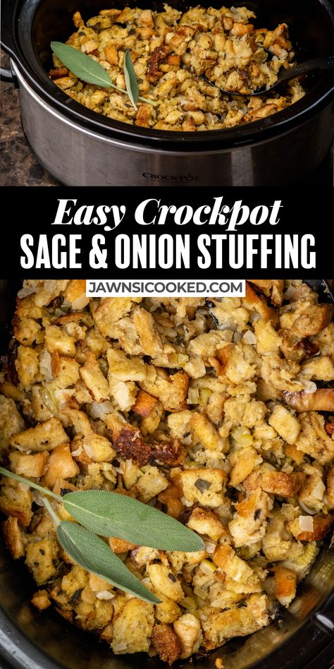 This Easy Crockpot Sage and Onion Stuffing is a fast and easy take on old fashioned sage and onion stuffing! With a small amount of prep, this crockpot stuffing has got it all- crispy edges and a moist, flavorful center! Crockpot Stuffing Thanksgiving, Easy Crockpot Stuffing, Stuffing Recipes Crockpot, Stuffing Easy, Thanksgiving Side Dishes Crockpot, Crockpot Stuffing, Thanksgiving Recipes Side Dishes Easy, Thanksgiving Dinner For Two, Onion Stuffing