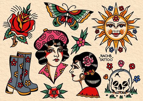 Small Traditional Tattoo, Traditional Tattoo Flash Sheets, Sailor Jerry Tattoo Flash, Americana Tattoo, Traditional Tattoo Inspiration, Traditional Style Tattoo, Traditional Tattoo Sleeve, Tattoo Flash Sheet, Old School Tattoo Designs