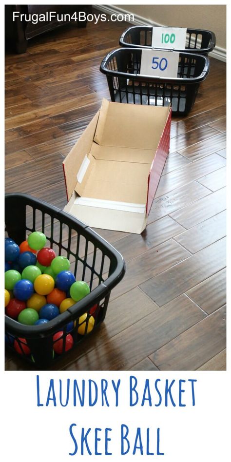 Laundry Basket Skee Ball (With Ball Pit Balls!) - Frugal Fun For Boys and Girls Diy Laundry Basket, Ball Pit Balls, Diy Kids Games, Skee Ball, Indoor Kids, Cold Weather Activities, Indoor Games For Kids, Outdoor Games For Kids, Weather Activities