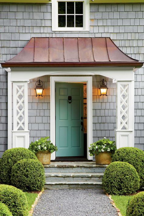 http://shelterinteriordesign.blogspot.com/ Entry Exterior, Front Door Awning, Cape Cod House Exterior, Door Overhang, Beautiful Beach Houses, Traditional Front Doors, House Design Trends, Porch Roof, Copper Roof