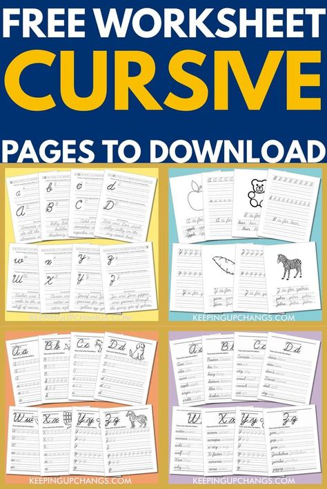 Free CURSIVE WORKSHEET printable pdf templates to print. Easy, simple, beginner worksheets for kindergarten, elementary to advanced level printable for high school, teens, adults. A variety of worksheets to use in the classroom or take-home project assignments for letter formation practice and handwriting penmanship. Combo of lowercase and uppercase letters, words, and sentences for 1st, 2nd, 3rd, 4th, 5th, 6th, 7th, 8th grade and beyond. Black and white versions to use as coloring pages too. Cursive Handwriting Printables Free, Cursive Worksheets Printables Free, Cursive Writing Practice, Cursive Writing For Beginners, Learn Cursive Handwriting, 2nd Grade Cursive Worksheets, Cursive Printables Free, Free Cursive Handwriting Practice, Homeschool Handwriting