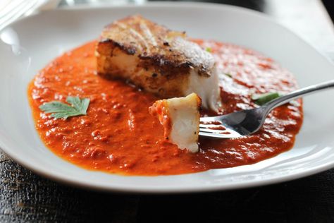 Pan Roasted Chilean Sea Bass with Roasted Red Pepper Sauce Roasted Red Pepper Sauce Recipe, Grouper Recipes, Bass Recipes, Sea Bass Recipes, Roasted Pepper Sauce, Roasted Red Pepper Sauce, Yummy Seafood, Seafood Stew, Red Pepper Sauce