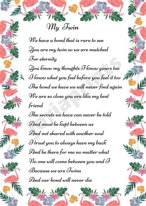 This is a beautiful poem about the relationship and bond between twins. Surprise your twin with this lovely poem. I can personalise the print with a name of your choice. Twin Poems, Twins Quotes, Twin Quotes, Original Quotes, Poems Beautiful, Good Night Wishes, I Trusted You, Night Wishes, Inspirational Quotes Motivation