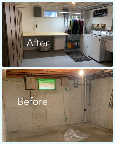 Unfinished Laundry Room, Unfinished Basement Laundry, Basement Laundry Room Makeover, Cheap Basement Remodel, Basement Organization, Dream Basement, Remodel Basement, Basement Remodel Diy, Basement Laundry Room