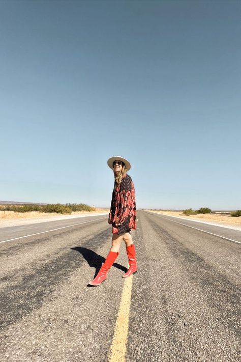 Red Cowboy Boots, Western Outfit, Western Vibe, Romper, Red Shoes, Felt Hat, Marfa, Texas Outfit Western, Red Cowboy Boots, Marfa Texas, Western Outfit, Boots Western, Felt Hat, Cowboy Hat, Red Shoes, Western Outfits