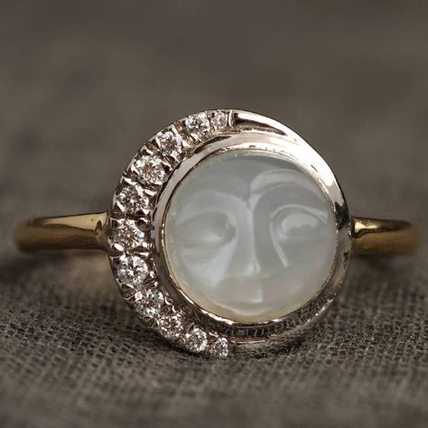 Erica Weiner on Instagram: “Our Edwardian-inspired stoned moonman / diamond waning crescent / moonlit milky glow. 🌚🌙” Vintage Oval Engagement Rings, Waning Crescent, Filigree Ring Gold, Man In The Moon, Moissanite Engagement Ring Halo, Twinkling Stars, In The Moon, Moonstone Engagement, Moonstone Engagement Ring