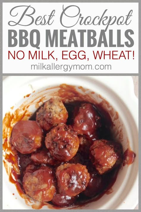 Milk Allergy Recipes, Best Crockpot Meatballs, Dairy Free Meatballs, Egg Free Meatballs, Milk Allergy Mom, Barbecue Meatballs, Crockpot Meatballs, Dairy Free Appetizers, Gluten Free Bbq