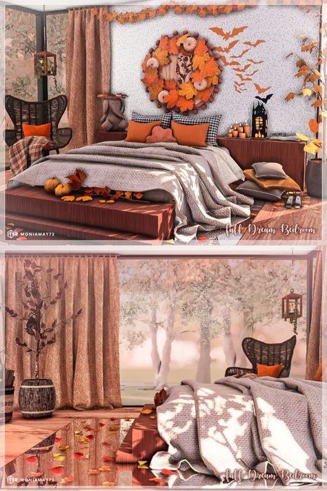 A beautiful Autumn Fall accent Bedroom.The room is made of small walls. Room size is 8/6. Custom content was used in the room. The Sims 4 . Download from TSR @thesimsresource Fall Colors Bedroom, Sims 4 Fall Decor, Sims 4 Fall Cc, Sims 4 Autumn, Bedroom Sims 4, Nature Bedroom, Sims 4 Couple Poses, Autumn House, Fall Furniture