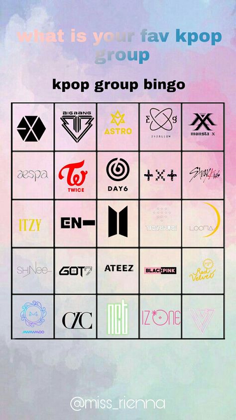 bingo Give Me A Kpop Group And I'll Tell You, Kpop Groups Names List, Blackpink Crafts, Kpop Bingo, Kpop Group Names, Group Names Ideas, Group Names, Doremon Cartoon, Cute Cat Drawing