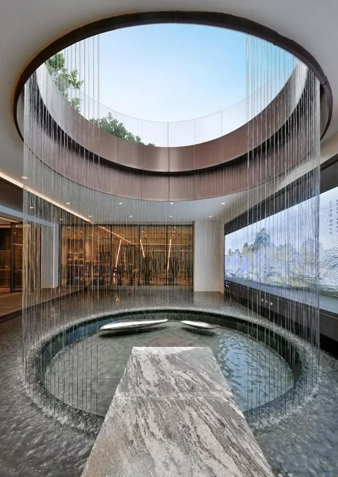 Transparent Material Architecture, Circular Water Fountain, Water Interior Design Concept, Spa Architecture Design, Rainwater Architecture, Water Design Architecture, Water Architecture Concept, Water In Architecture, Water Interior Design