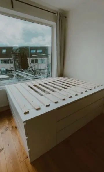 Elevated Bed Frame, Ikea Platform Bed, Ikea Bed Hack, Diy Storage Bed, Platform Bed With Drawers, Ikea Drawers, Diy Platform Bed, Space Saving Beds, Built In Bed