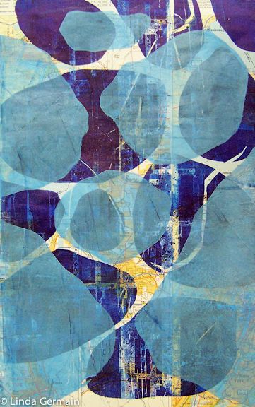 Gel monotype print on map page with mylar stencils Tissue Paper Art, Gelli Printing Art, Gelli Plate Art, Gelli Arts, Soyut Sanat Tabloları, Monoprint, Art Plastique, Blue And Yellow, Art Abstrait