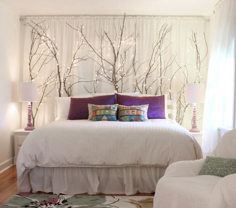 How to Elegantly Hide a Window Behind a Bed - Hawk Hill Behind Bed Decor, Diy Headboard With Lights, Window Behind Bed, Wall Behind Bed, Curtains Behind Bed, Dramatic Bedroom, Creative Headboard, Headboard Curtains, Headboard With Lights