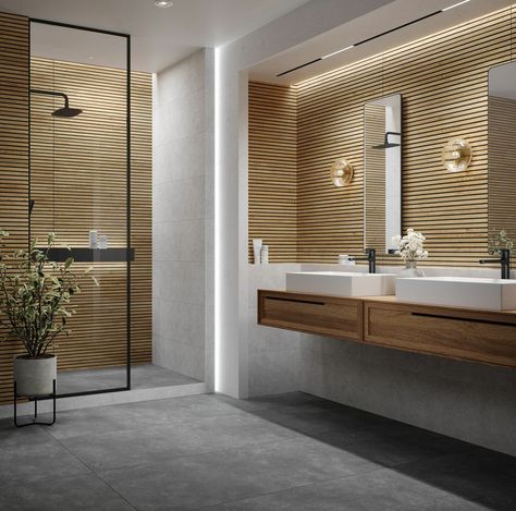 Wood Tile Feature Wall Bathroom, Wood Slat Tiles Bathroom, Wood Panel Tile Bathroom, Wood Tiles Bathroom, Wood Effect Tiles Bathroom, Cooper Bathroom, Bathroom Roof, Tile Mountain, Wood Tile Shower