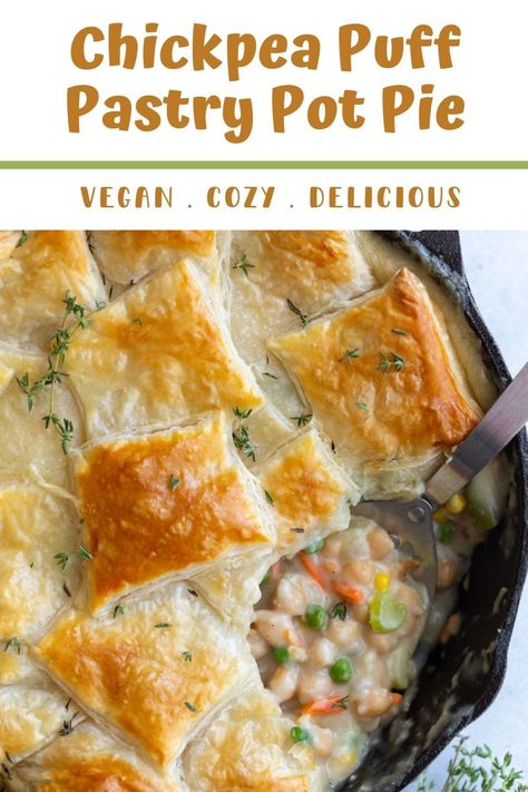 Creamy and comforting, this Chickpea Puff Pastry Pot Pie is loaded with tender chickpeas and plenty of veggies, all baked to perfection in a flaky puff pastry crust. This recipe is super flavorful, satisfying and a guaranteed crowd pleaser. The perfect cozy dinner! Chicken pot pie is a classic comfort food recipe and this vegan version is delicious. Filled with nutritious chickpeas, veggies and a rich, savory sauce made from scratch, this warm, hearty meal is sure to become a family favorite. Puff Pastry Pot Pie, Chickpea Pot Pie, Vegan Pot Pie Recipe, Great Vegetarian Meals, Veggie Pot Pie, Vegetarian Pot Pie, Vegan Pot Pies, Puff Pastry Crust, Pot Pie Filling