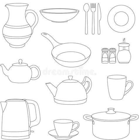 Simple Kitchen Drawing, Pots And Pans Drawing, Cooking Tools Drawing, Cooking Utensils Drawing, Utensils Drawing, Doodle Art Kitchen Utensil, Beginner Drawing Lessons, Kitchen Objects, Kitchen Drawing