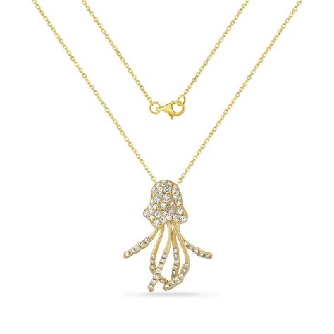 Turn heads with our beautiful Jellyfish pendant. This fascinating pendant features a gorgeous diamond-filled head, and tentacles of jellyfish make a stunning jewel piece. METAL 14K Yellow Gold, also available in White & Rose gold. GEMSTONE 70 Diamonds-0.56ct SPECS Approximately 25mm Long Chain: 18 Inches curb chain All items are crafted to the highest standards. At Jewelry and the Sea, we're committed to your full satisfaction. Beautiful Jellyfish, Jellyfish Necklace, Jellyfish Pendant, Fish Necklace, Fish Pendant, Jelly Fish, Ocean Jewelry, Nautical Jewelry, Long Chain