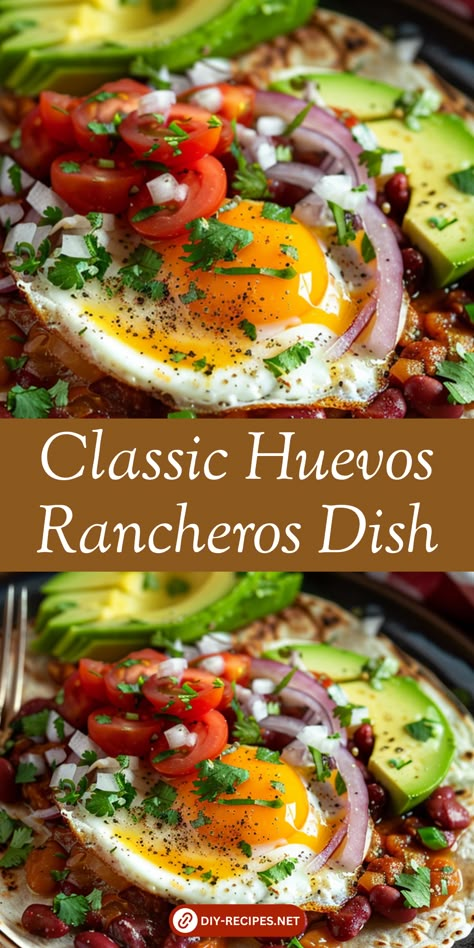 Make this classic Mexican dish at home! Huevos Rancheros with corn tortillas, fried eggs, and ranchero sauce. Garnished with avocado and cilantro for a fresh touch. Breakfast Tostada Huevos Rancheros, Best Huevos Rancheros Recipe, Latin American Breakfast, Egg Rancheros Mexican Breakfast, Mexican Egg Dishes, Eggs And Corn Tortillas, Egg Dinners Recipes Night, Eggs Rancheros Recipe, Huevos Rancheros Recipe Mexican