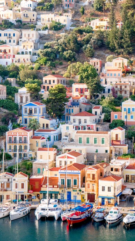 Symi Island | Greece | Lauren's Window | Prints | Colourful Houses | Sea Port Landscape With Building, Symi Island Greece, Greece Buildings, House On The Sea, Greece Houses, Houses By The Sea, Greek Cities, Greece City, Symi Greece