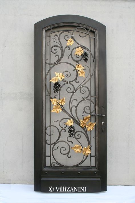 Stunning wine cellar door design.
VilliZANINI Wrought iron art since 1655, Italy.
Custom made door for interior design project.
Wrought iron door with vineyard motifs and gold leaf finishes. Porte In Ferro, Wine Cellar Door, Iron Front Door, Metal Doors Design, Steel Door Design, Iron Door Design, Iron Gate Design, Wine Cellar Design, Window Grill Design