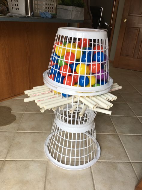 Giant Kerplunk game made from dollar store laundry baskets 1/2” pvc and ball pit balls Store Laundry Baskets, Giant Kerplunk, Kerplunk Game, Games Outdoor, Outside Games, Youth Games, Laundry Baskets, Yard Games, Backyard Games