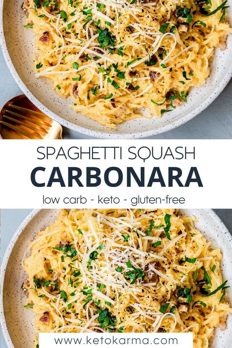 Recipe For Spaghetti Squash, Making Spaghetti Squash, Keto Karma, Spaghetti Squash Carbonara, Squash Carbonara, Spaghetti Squash Recipes Easy, Recipe For Spaghetti, Spaghetti Squash Lasagna, Pasta Carbonara Recipe